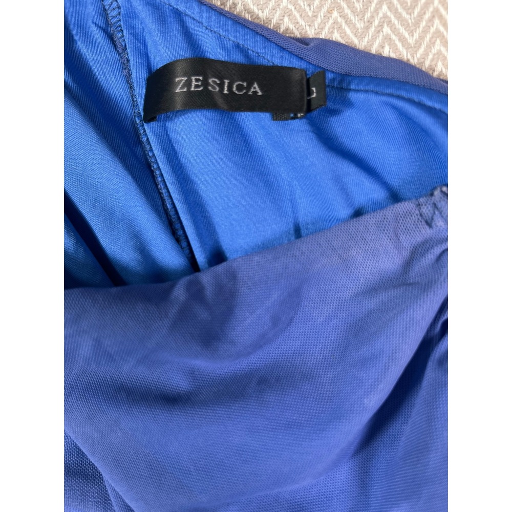 ZESICA Blue One Shoulder Ruched Mesh‎ Midi Dress Bodycon Cocktail L - Picture 10 of 15
